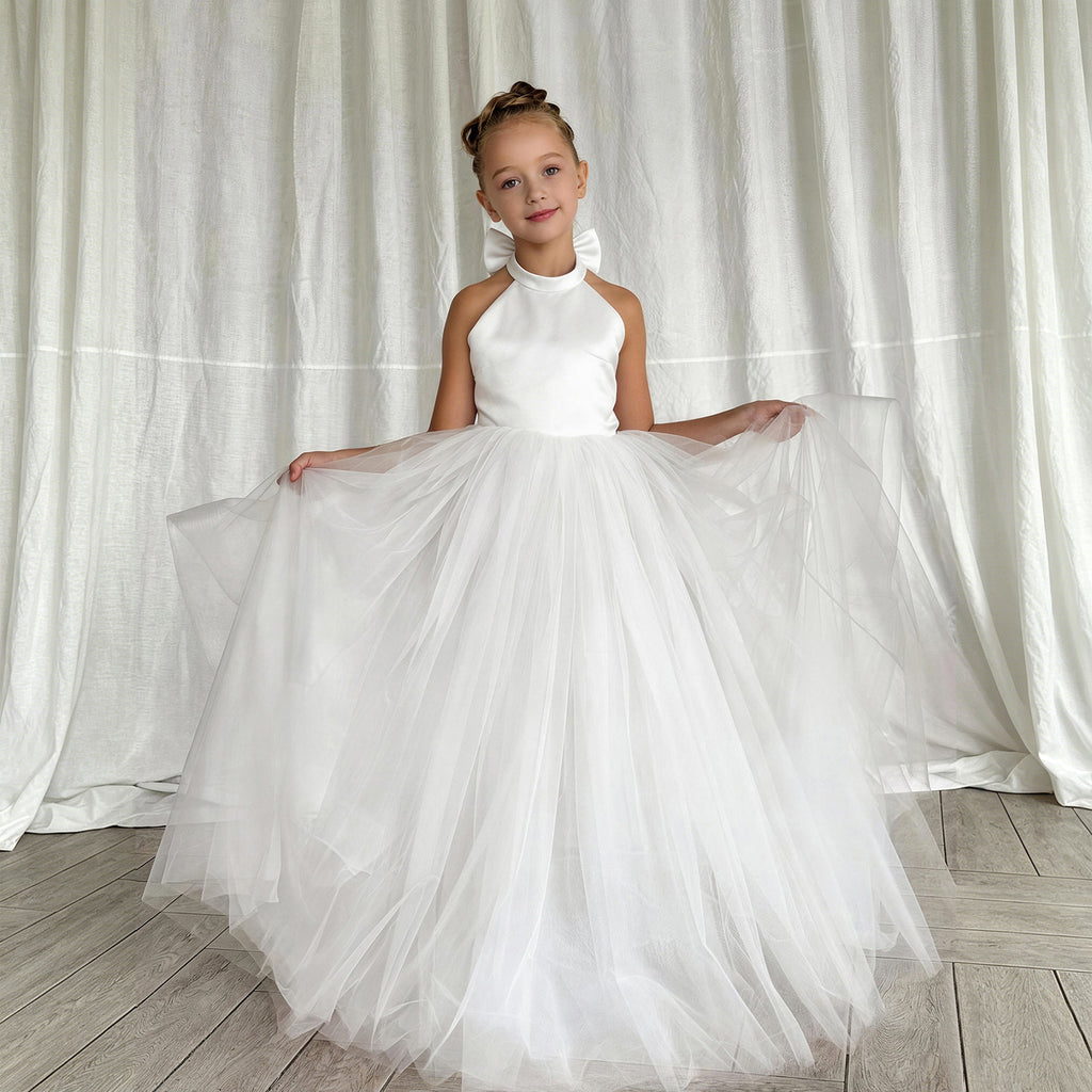 White bow accent flower girl wedding dress