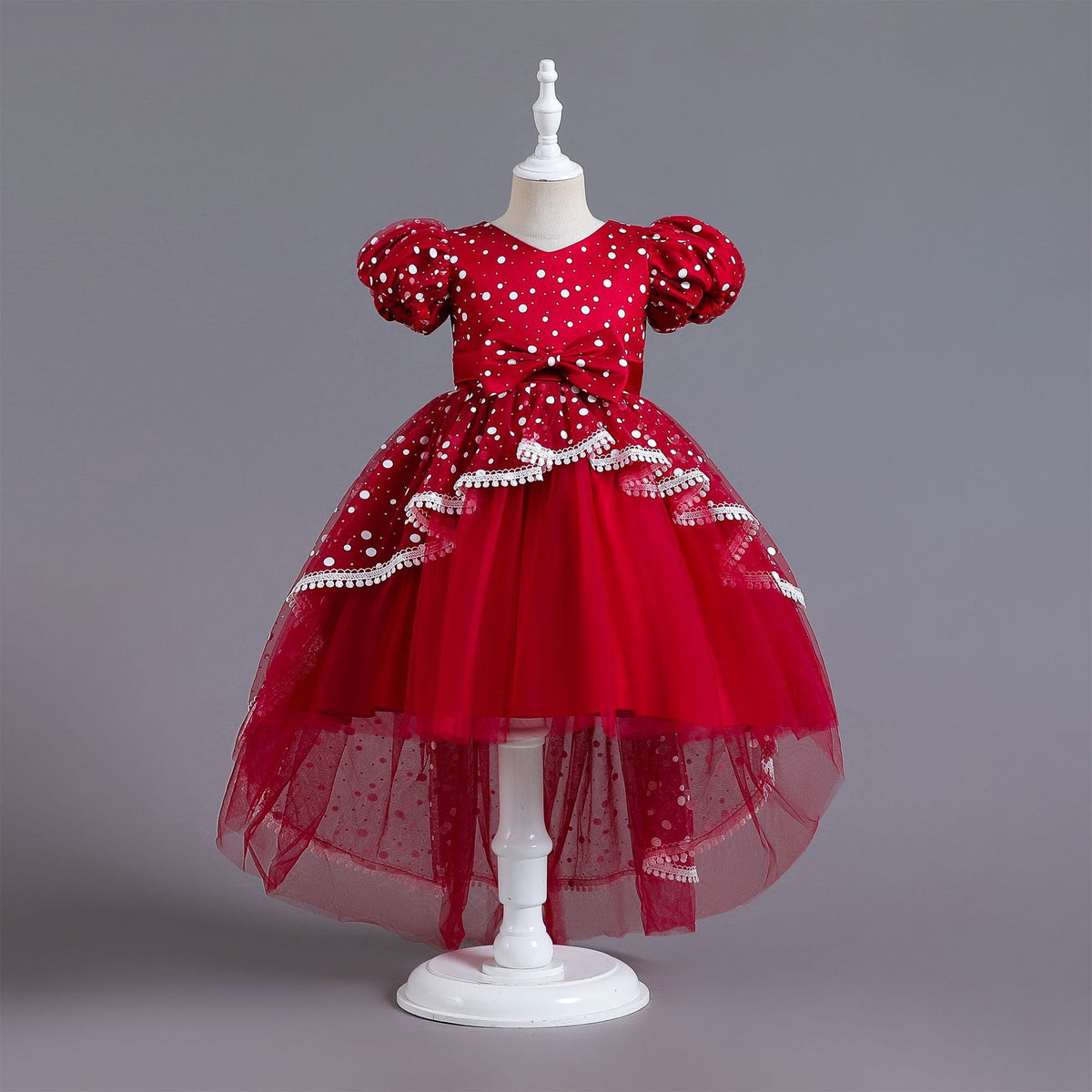 Girls polka dot high-low Christmas dress with puff sleeves