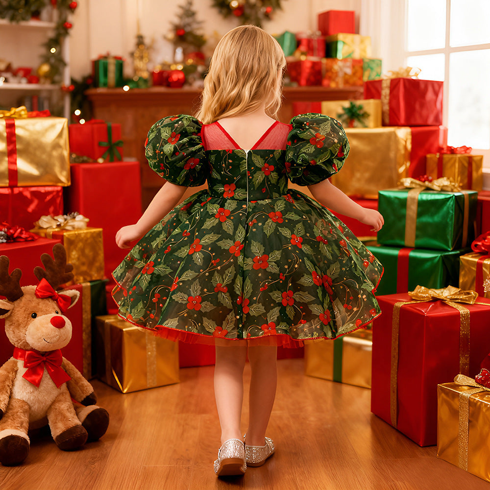 Red and green girls Christmas dress with bow and mesh tutu skirt