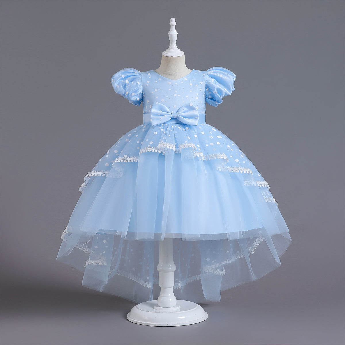 Girls polka dot high-low Christmas dress with puff sleeves