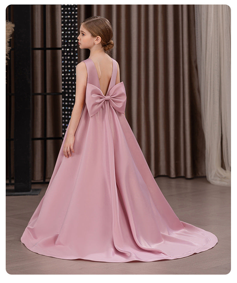 Satin trailing flower girl evening dress with bow