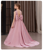 Satin trailing flower girl evening dress with bow