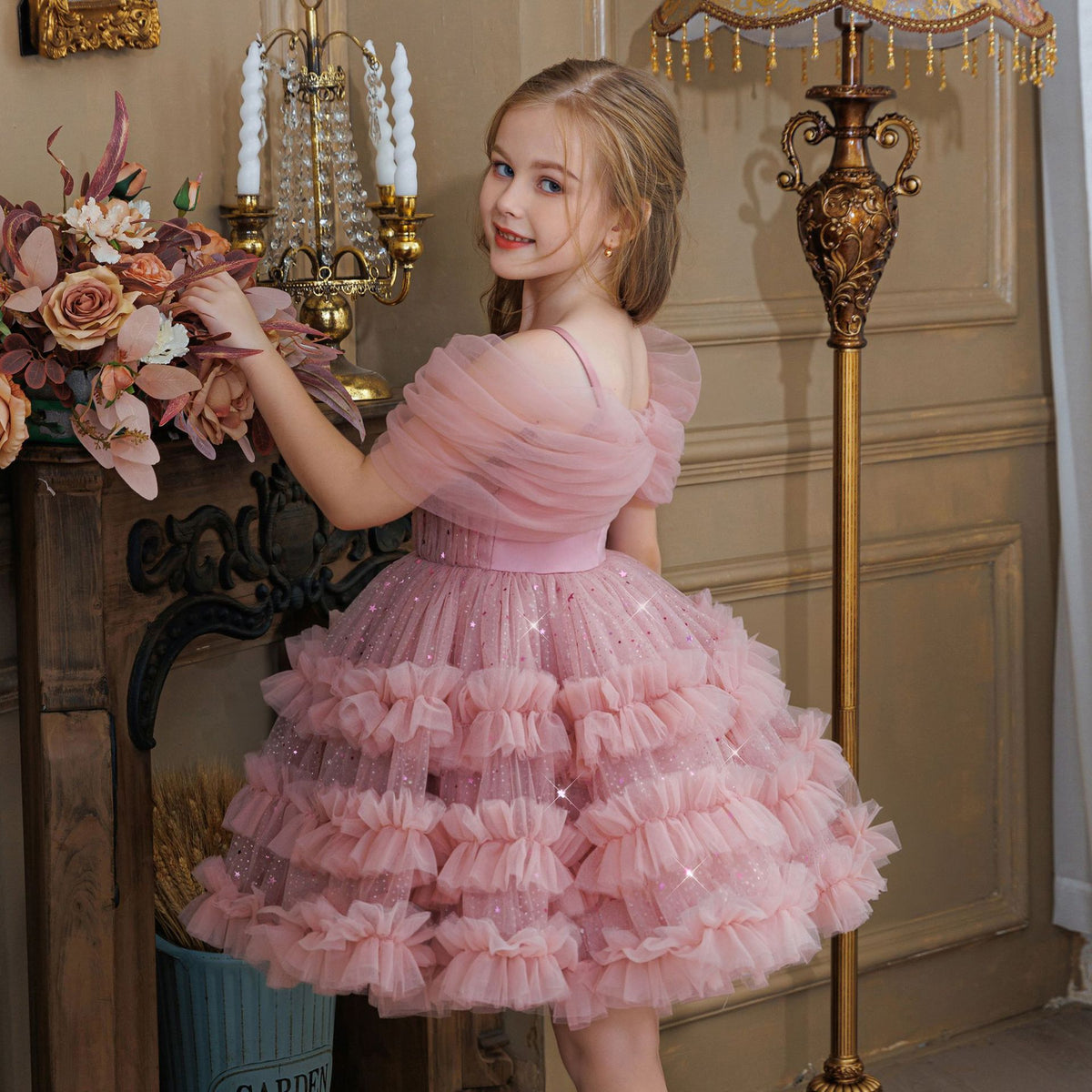 One shoulder ruffle cake girls birthday dress