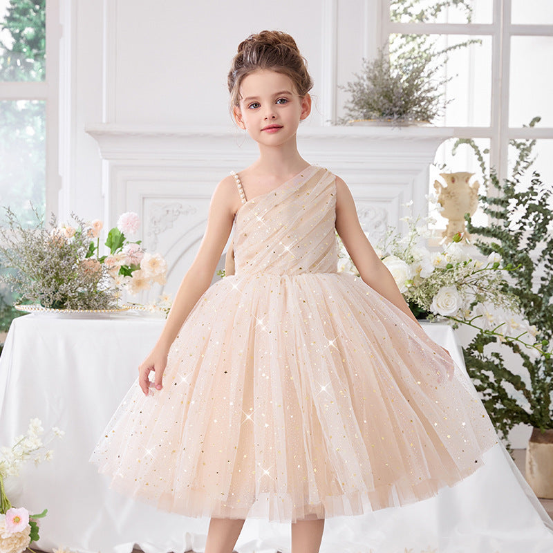 One shoulder bow flower girl princess dress