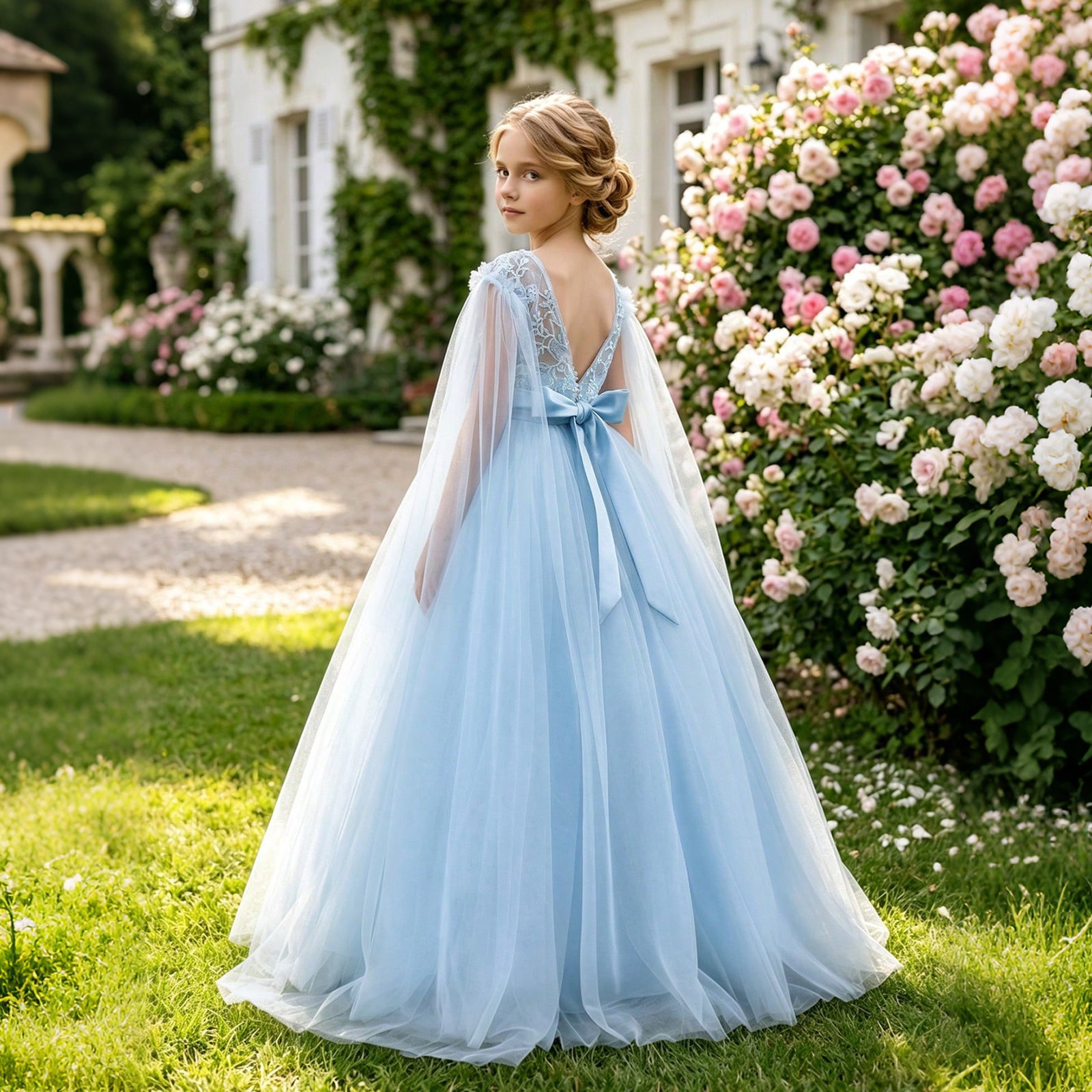 Long mesh flower girl princess evening dress