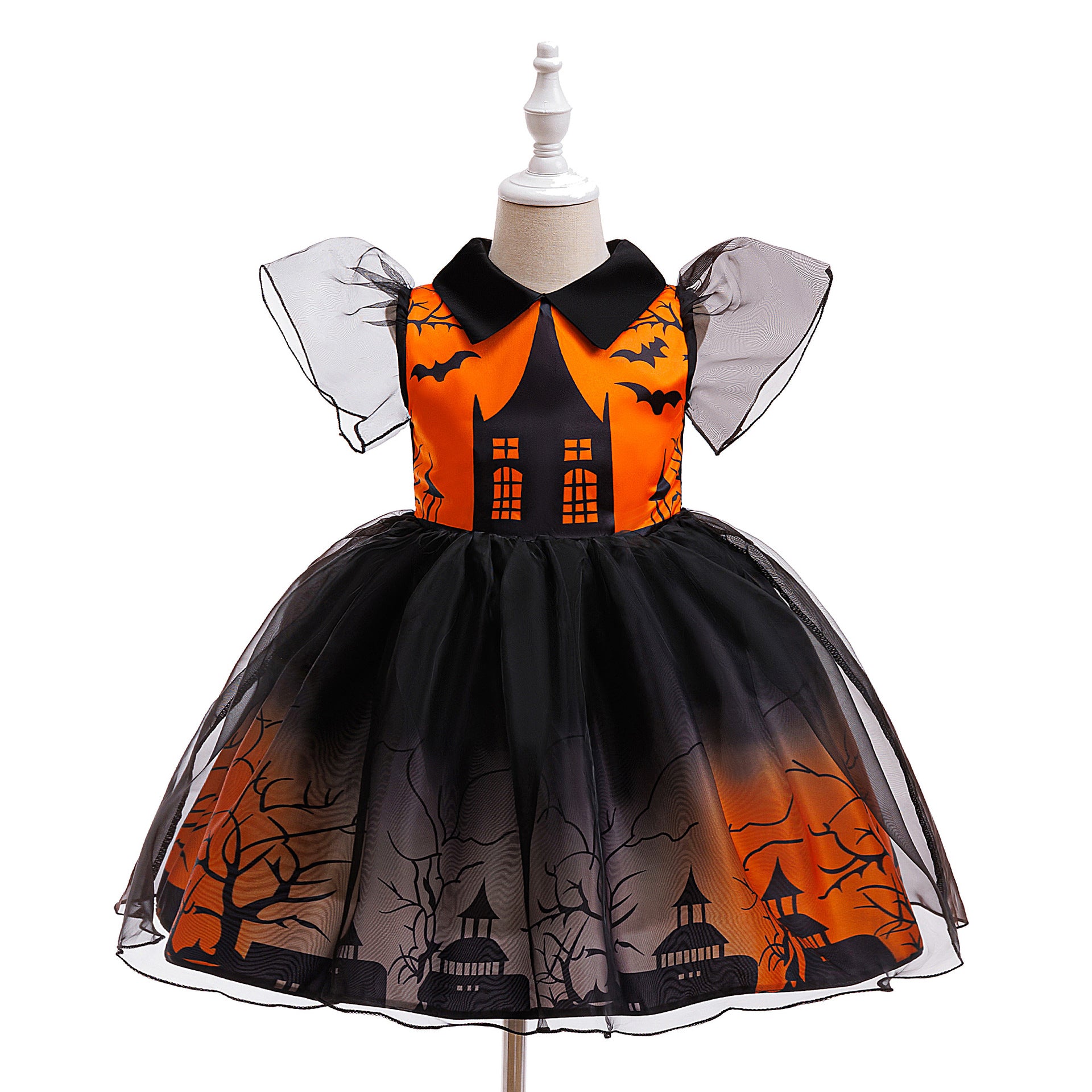 Amelia girls haunted house print Halloween dress with ombre tulle skirt