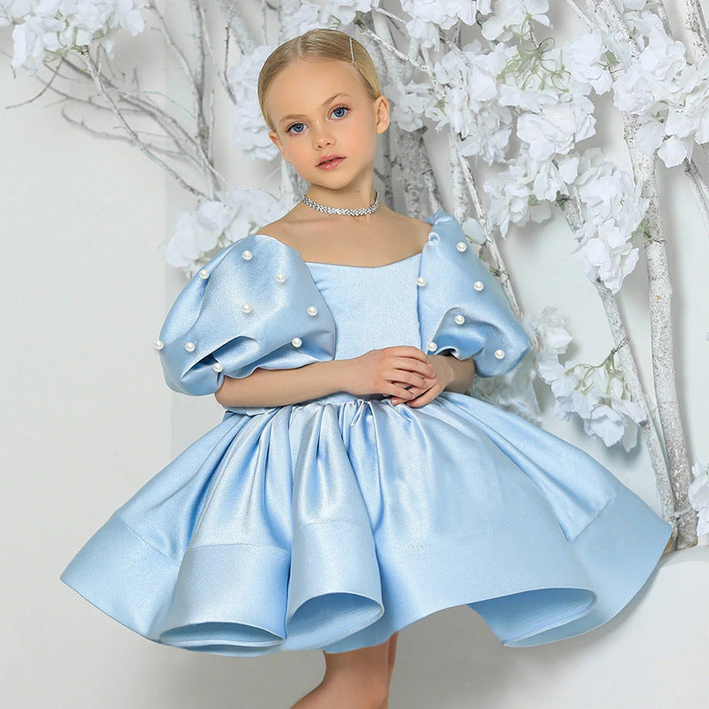 Puff sleeve satin tutu flower girl dress
