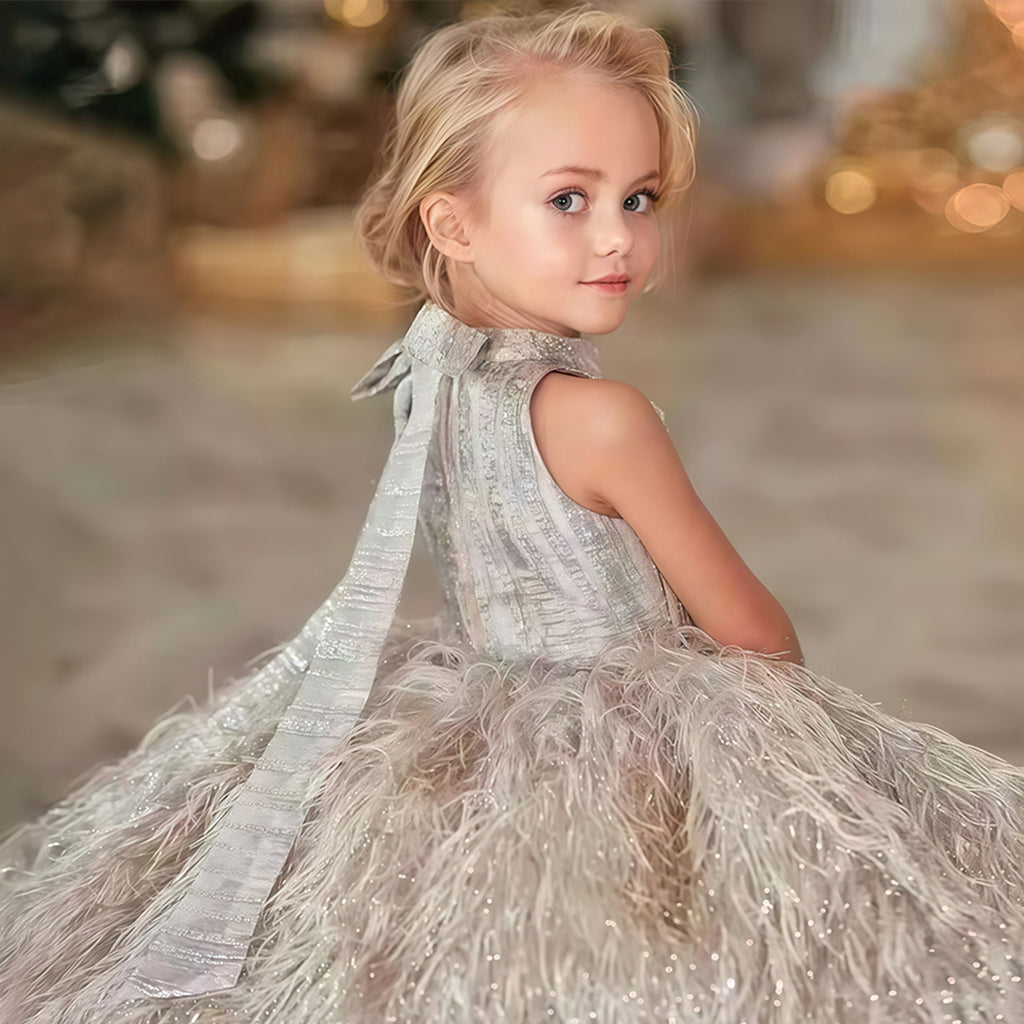Girls feather fringe textured party dress