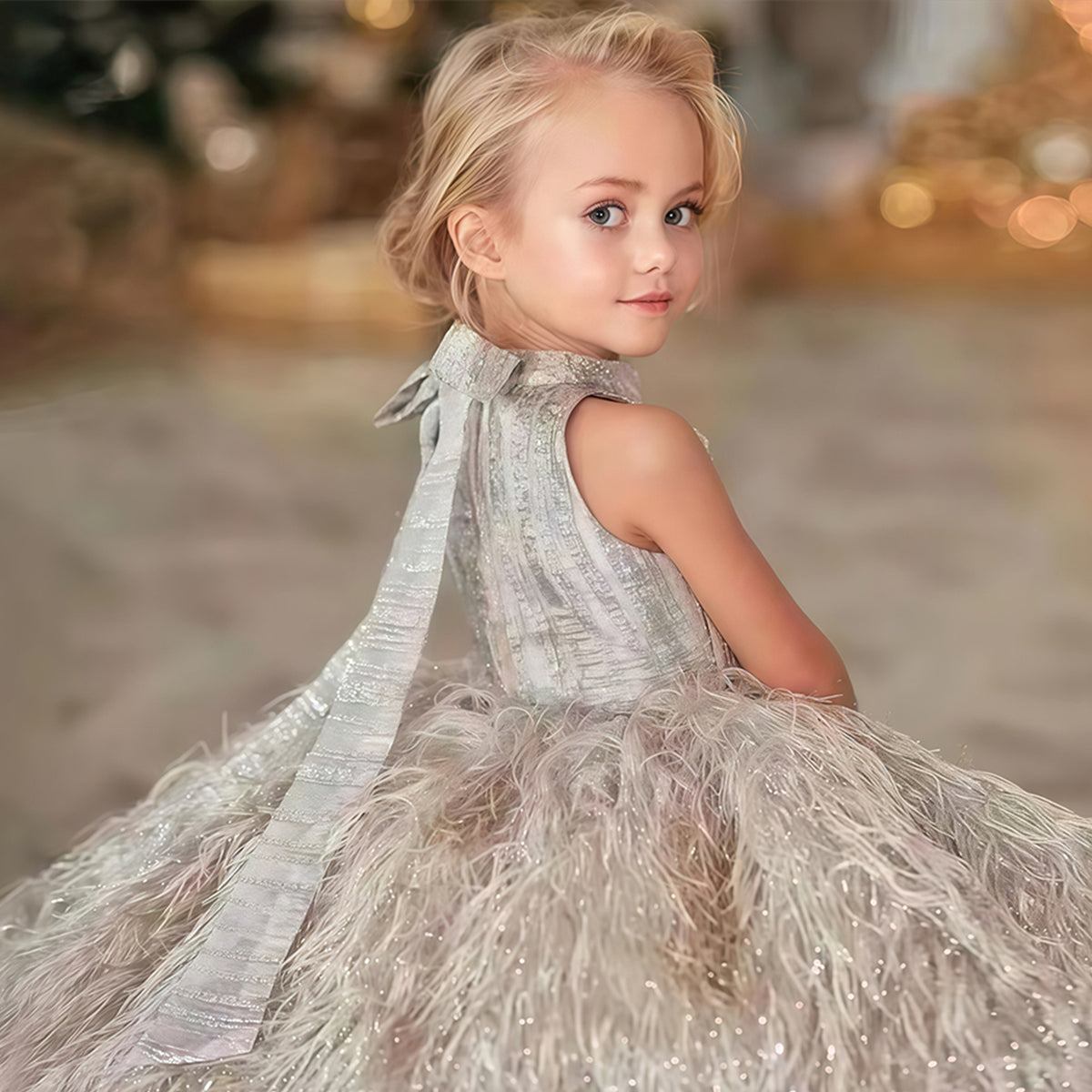 Girls feather fringe textured party dress