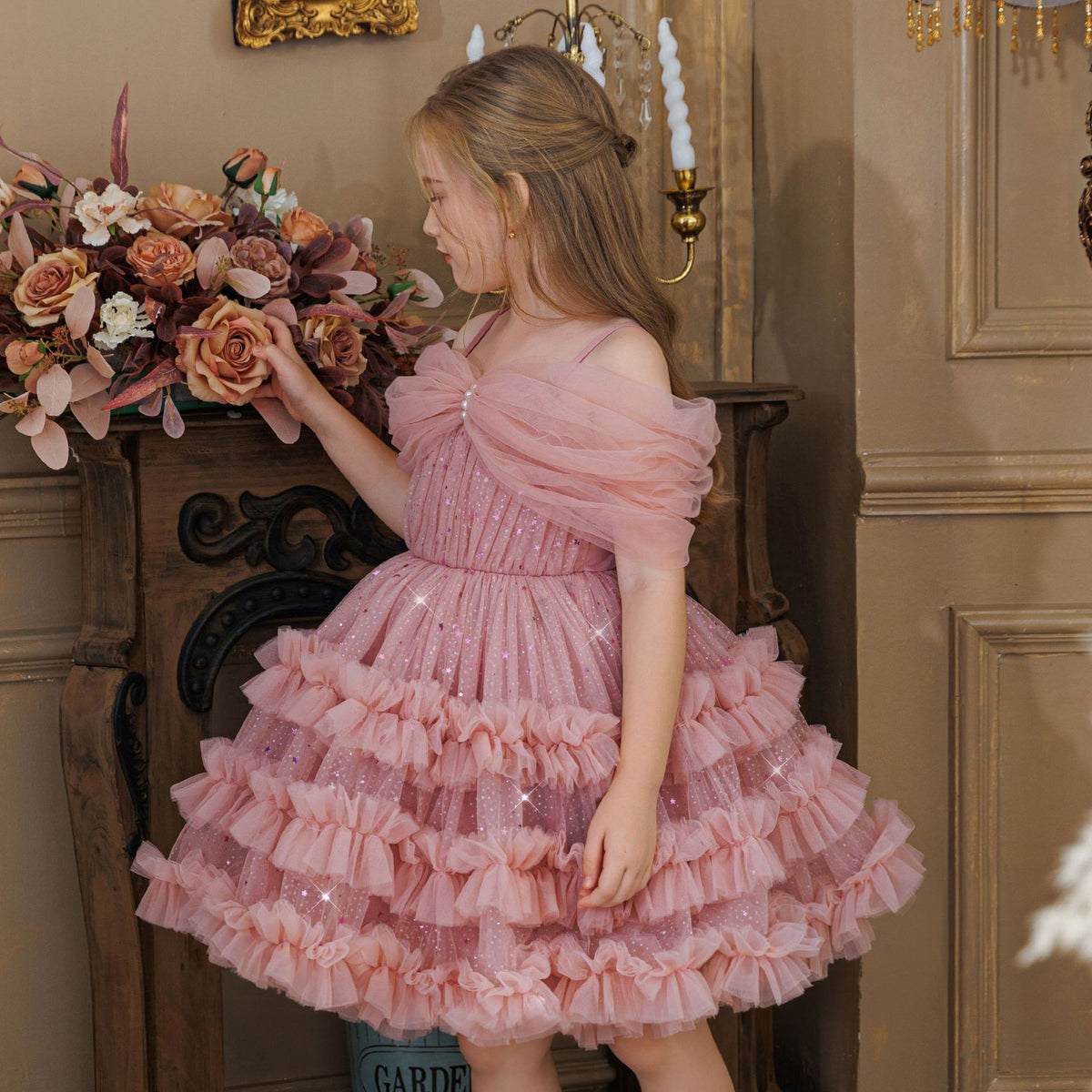 One shoulder ruffle cake girls birthday dress
