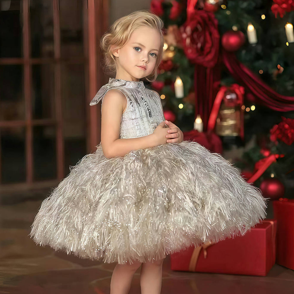 Girls feather fringe textured party dress