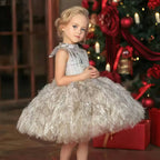 Girls feather fringe textured party dress