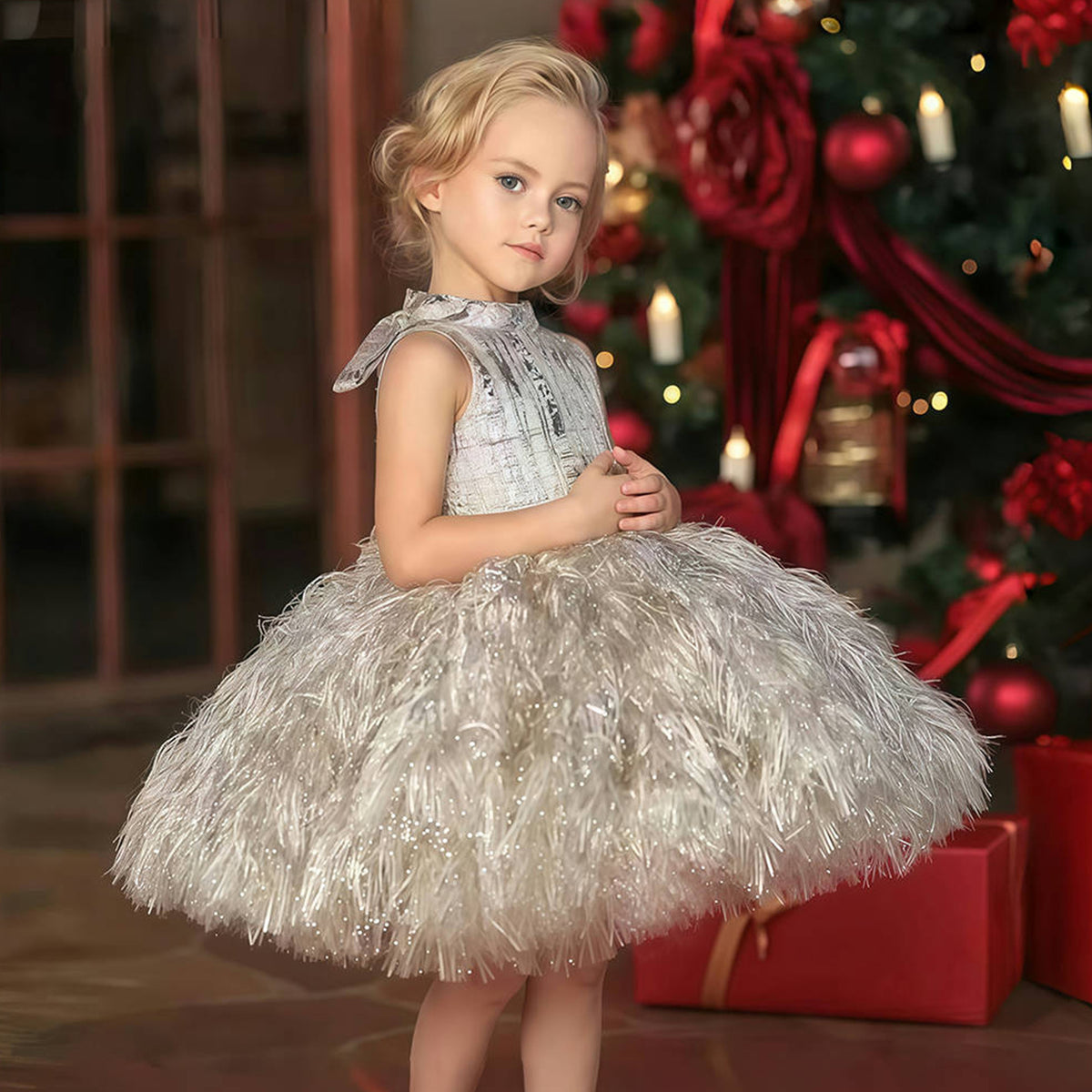 Girls feather fringe textured party dress