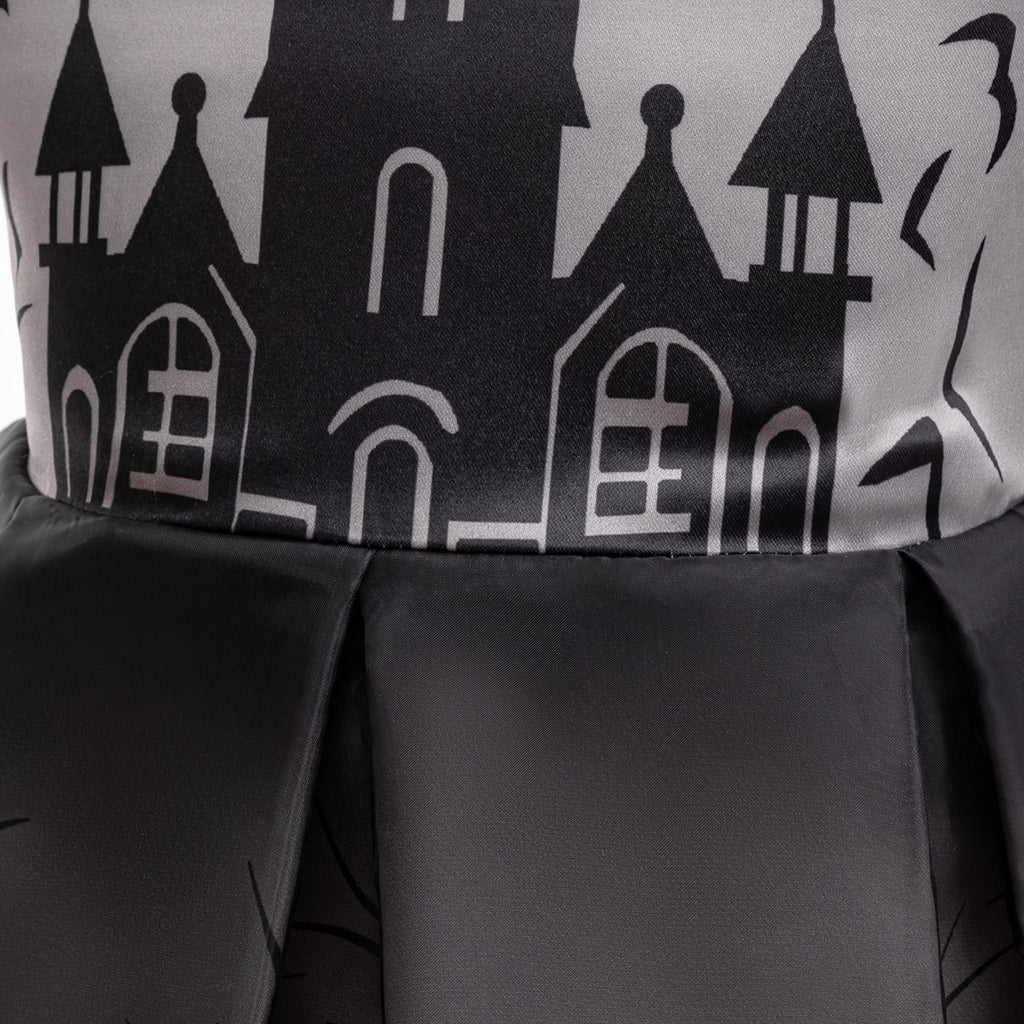 Olivia gothic castle print girls Halloween dress with flutter sleeves