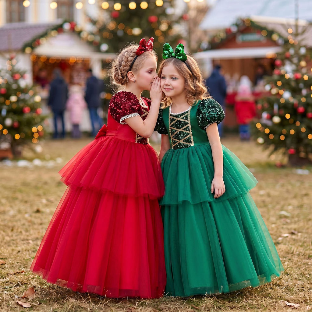 Girls long tulle Christmas princess dress with matching headband