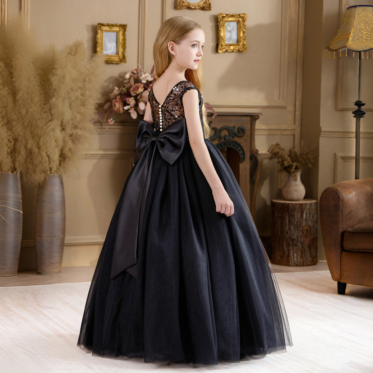 Bow-back satin banquet evening gown for girls
