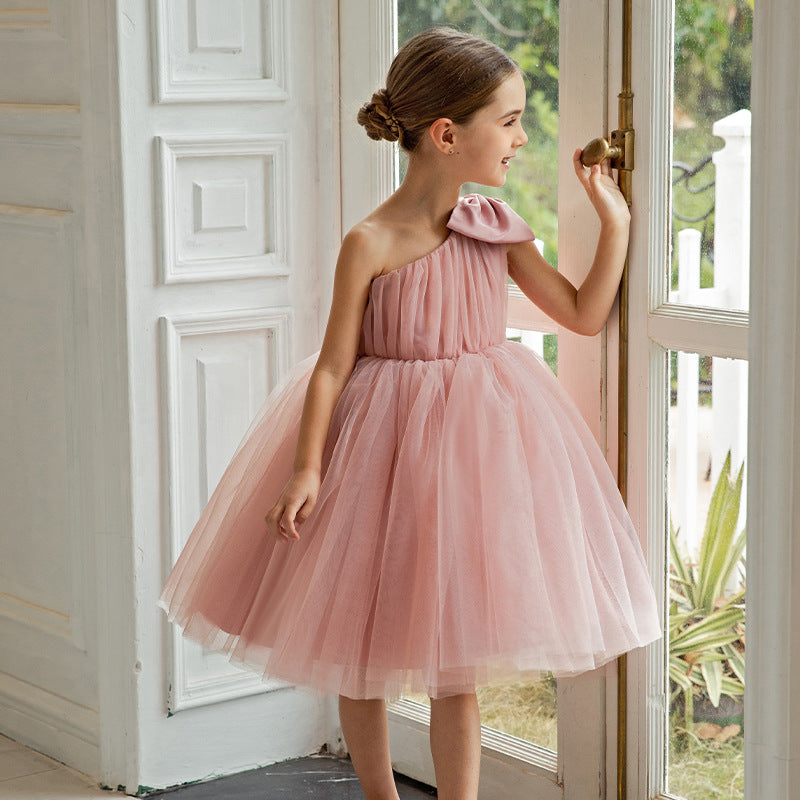 Pleated mesh girls princess party dress