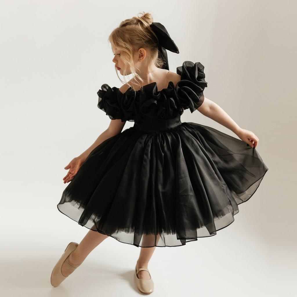 Black fluffy mesh girls princess party dress