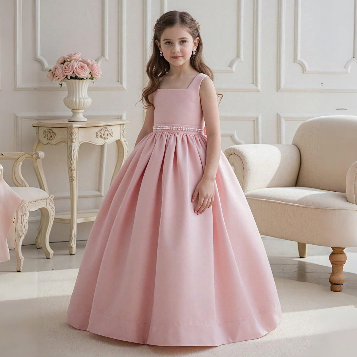 Pink long tulle flower girl dress with bow details