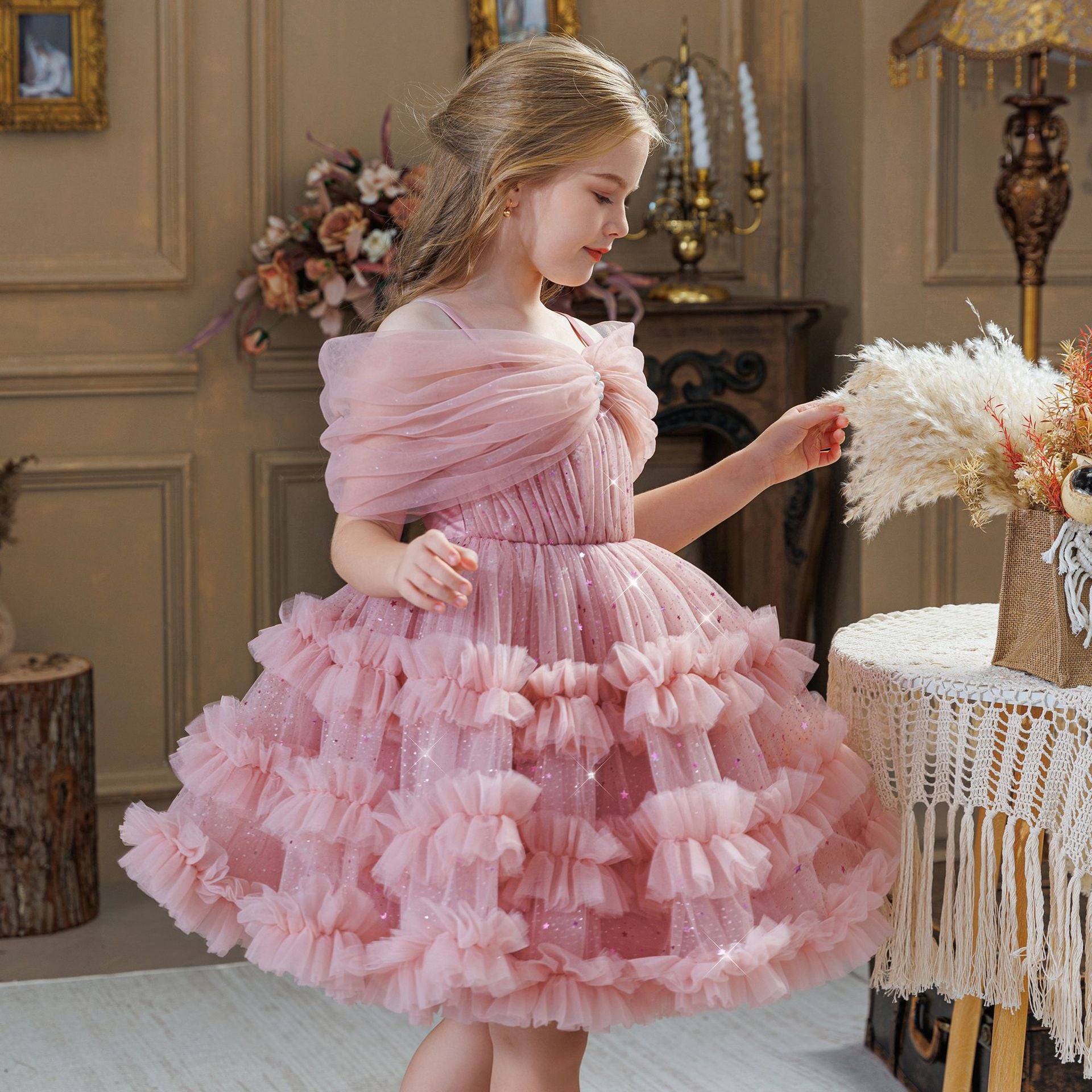 One shoulder ruffle cake girls birthday dress