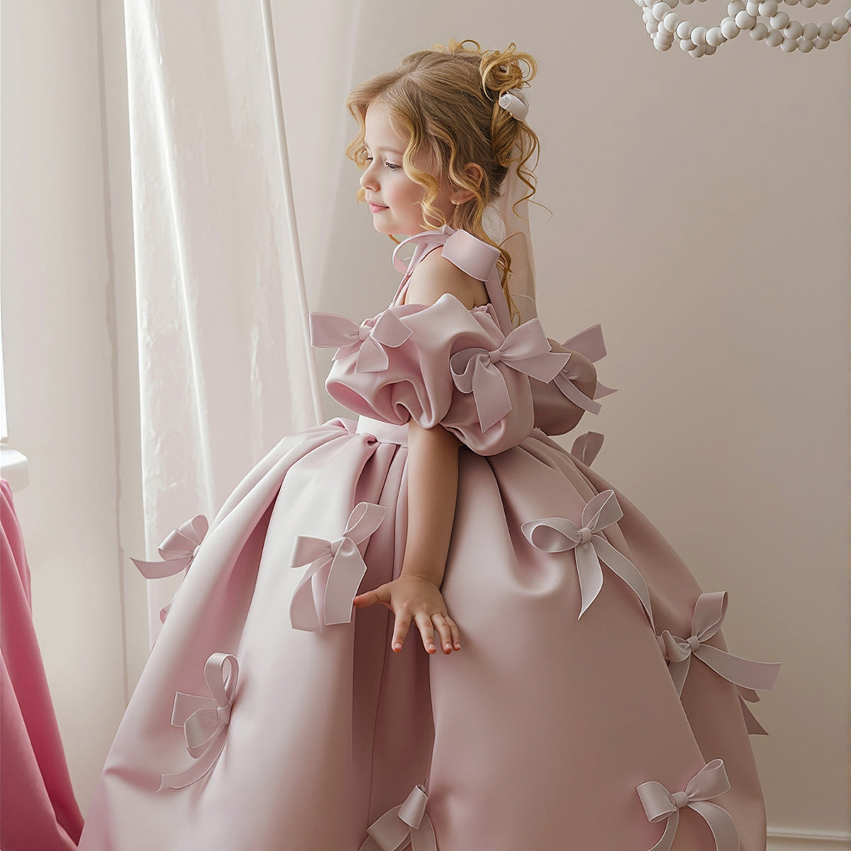 Royal puff sleeve flower girl evening gown