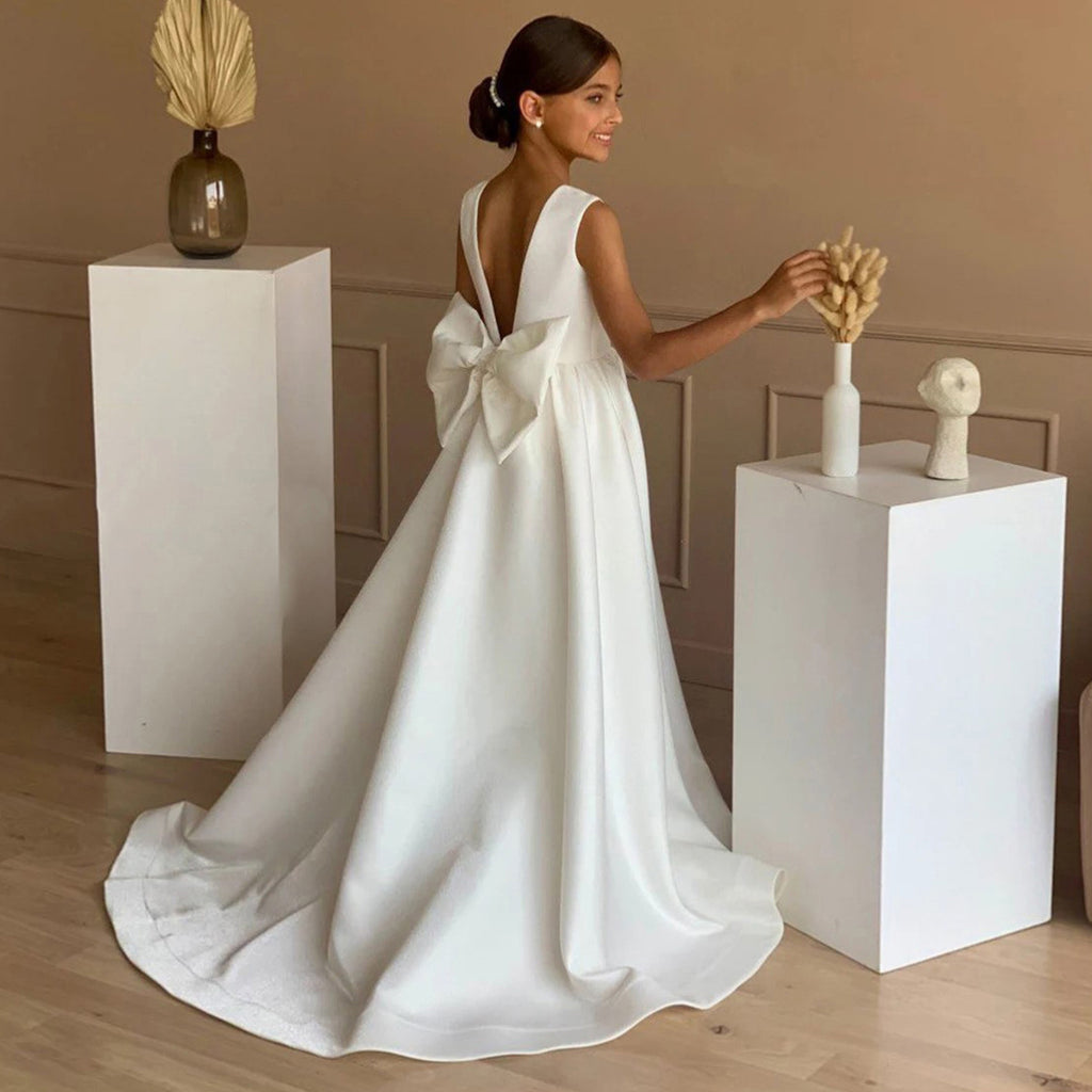 Satin trailing flower girl evening dress with bow