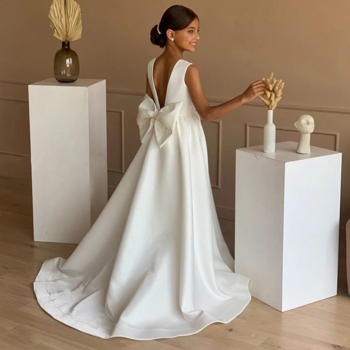Satin trailing flower girl evening dress with bow