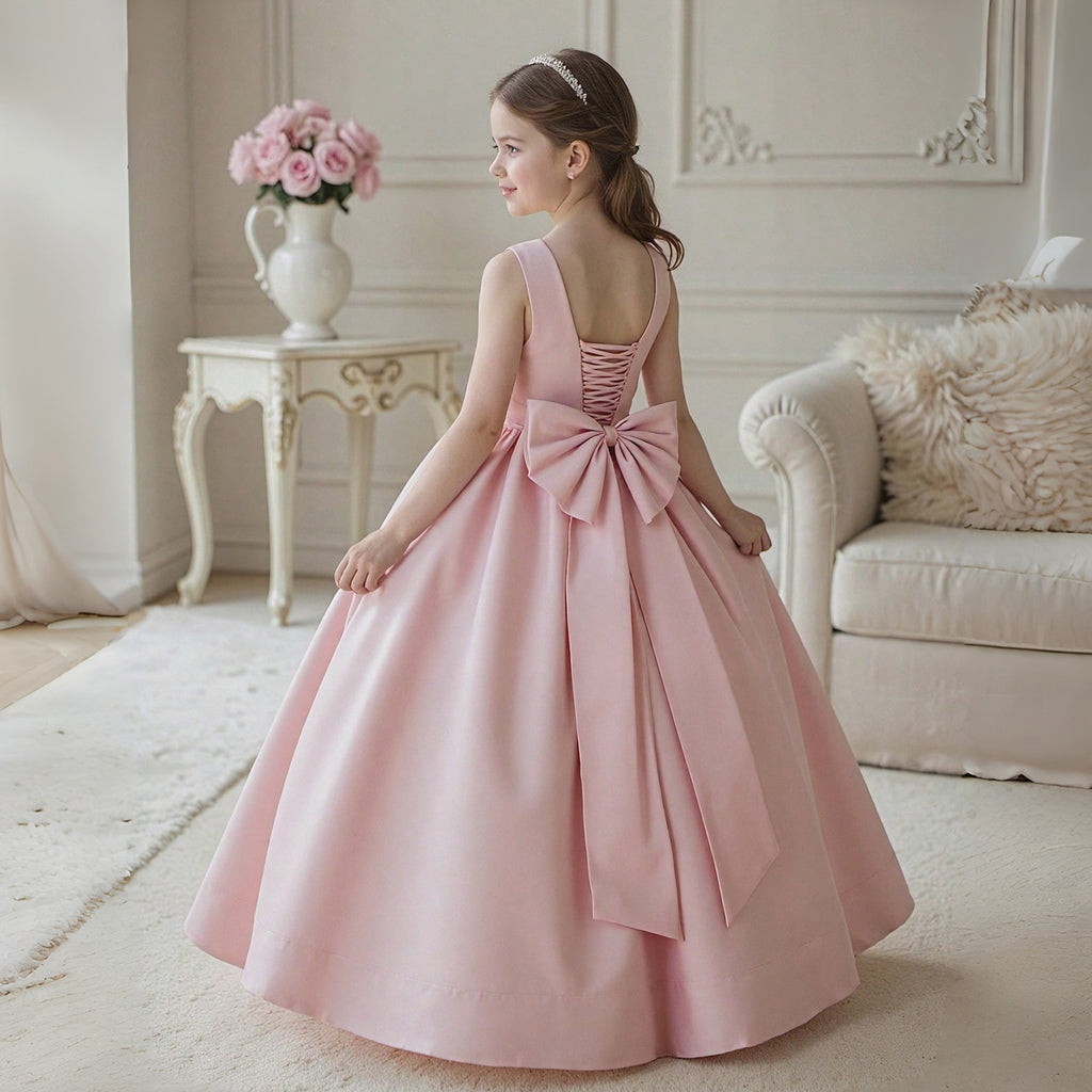 Pink long tulle flower girl dress with bow details