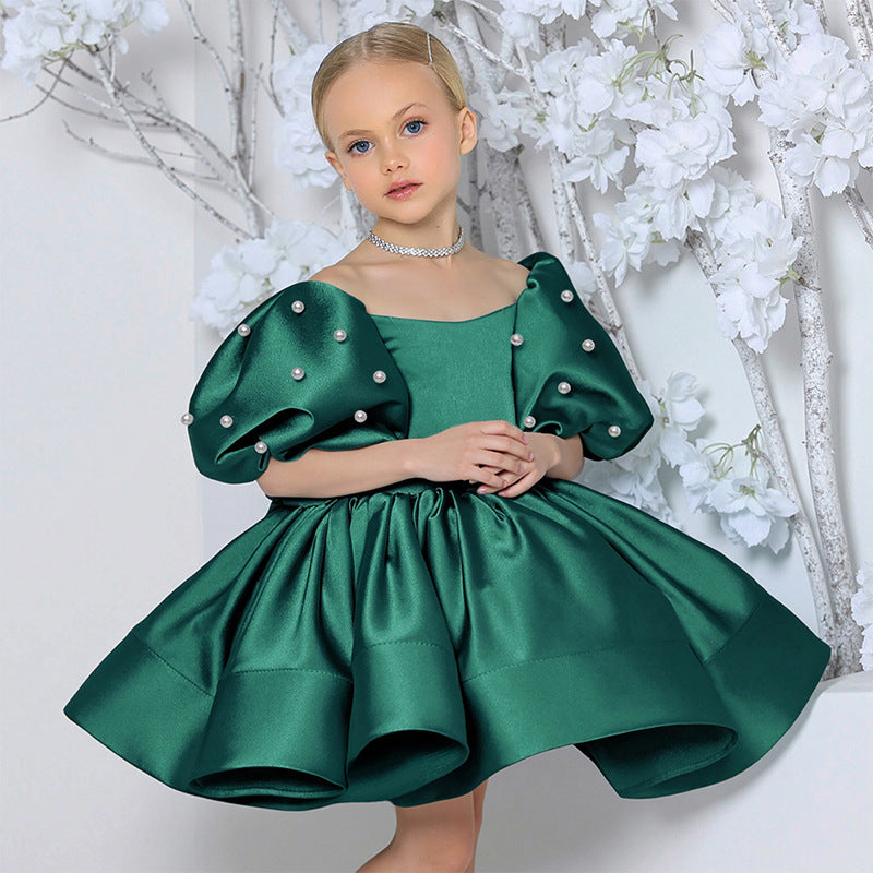 Puff sleeve satin tutu flower girl dress