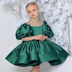 Puff sleeve satin tutu flower girl dress