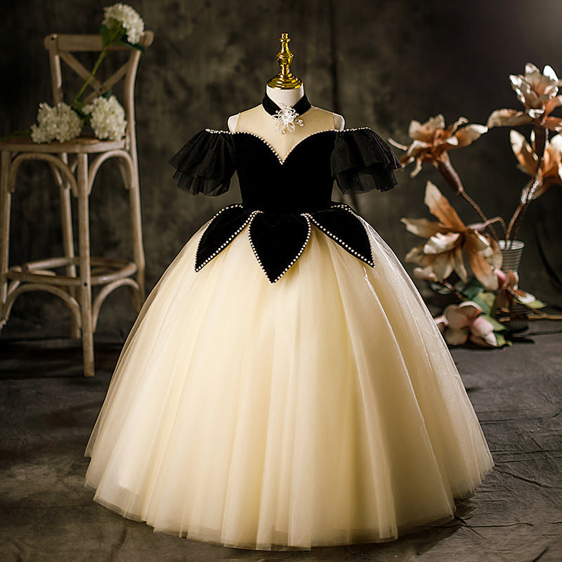 Champagne feather-sleeve princess runway dress for girls