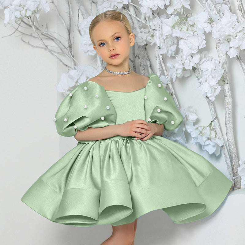 Puff sleeve satin tutu flower girl dress