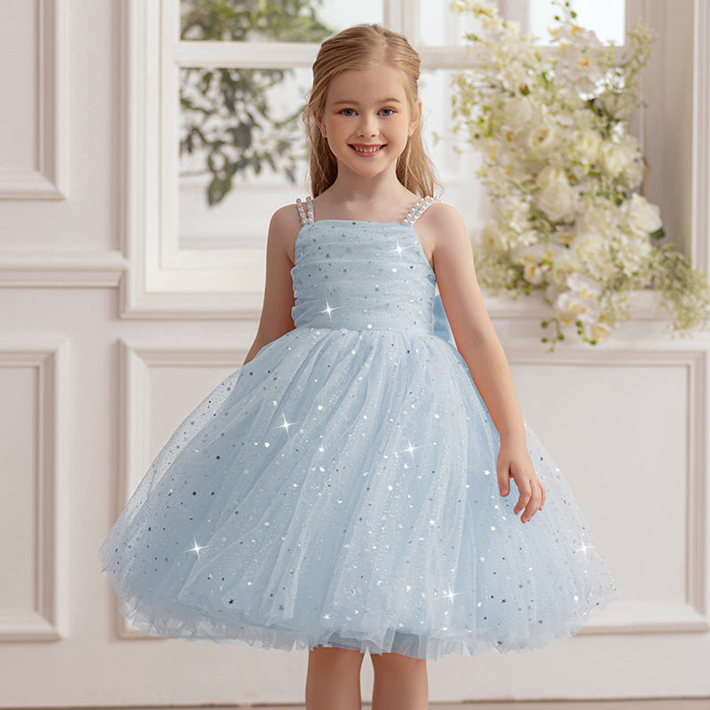 Beaded strap puffy tulle flower girl dress