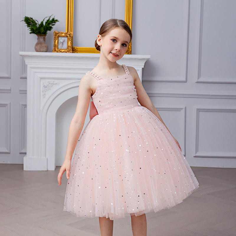 Beaded strap puffy tulle flower girl dress