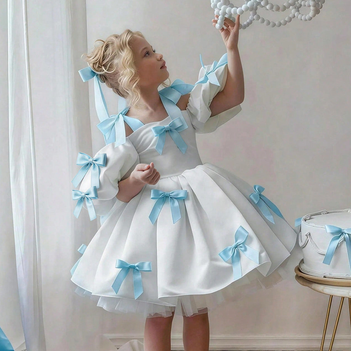 Puff sleeve flower girl wedding dress