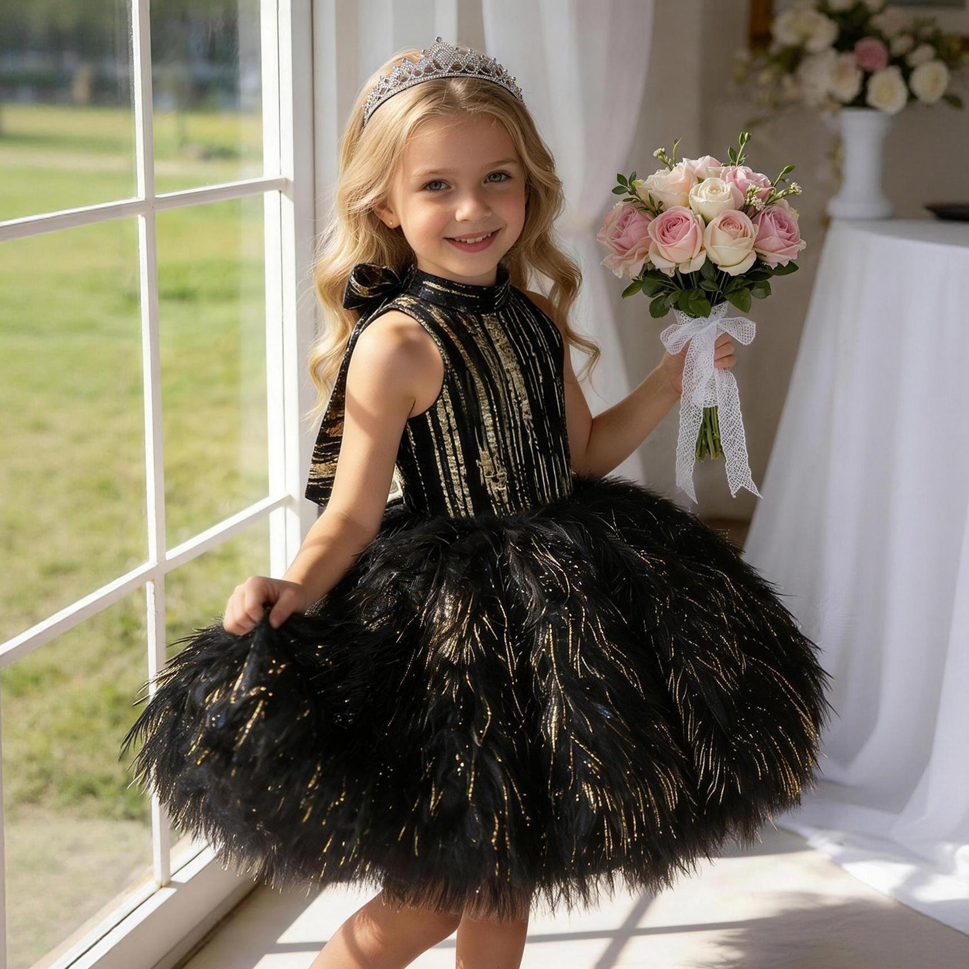 Girls feather fringe textured party dress