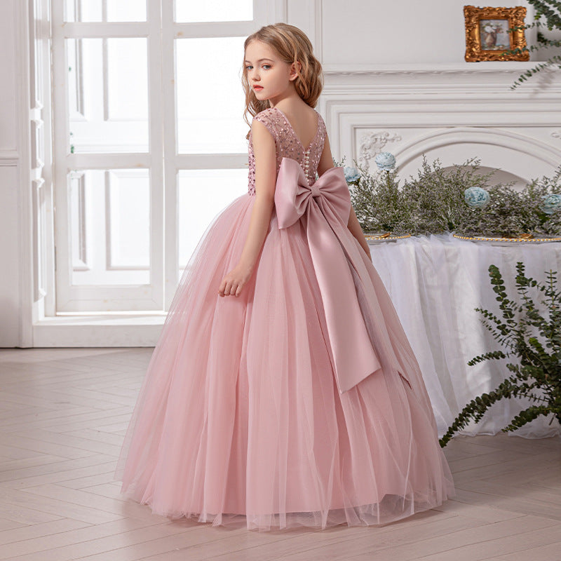 Bow-back satin banquet evening gown for girls