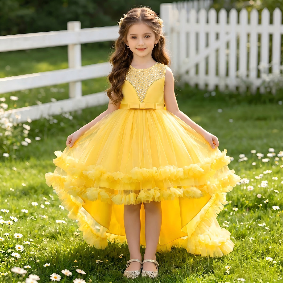 Girls Christmas dress with puffy tulle trailing skirt