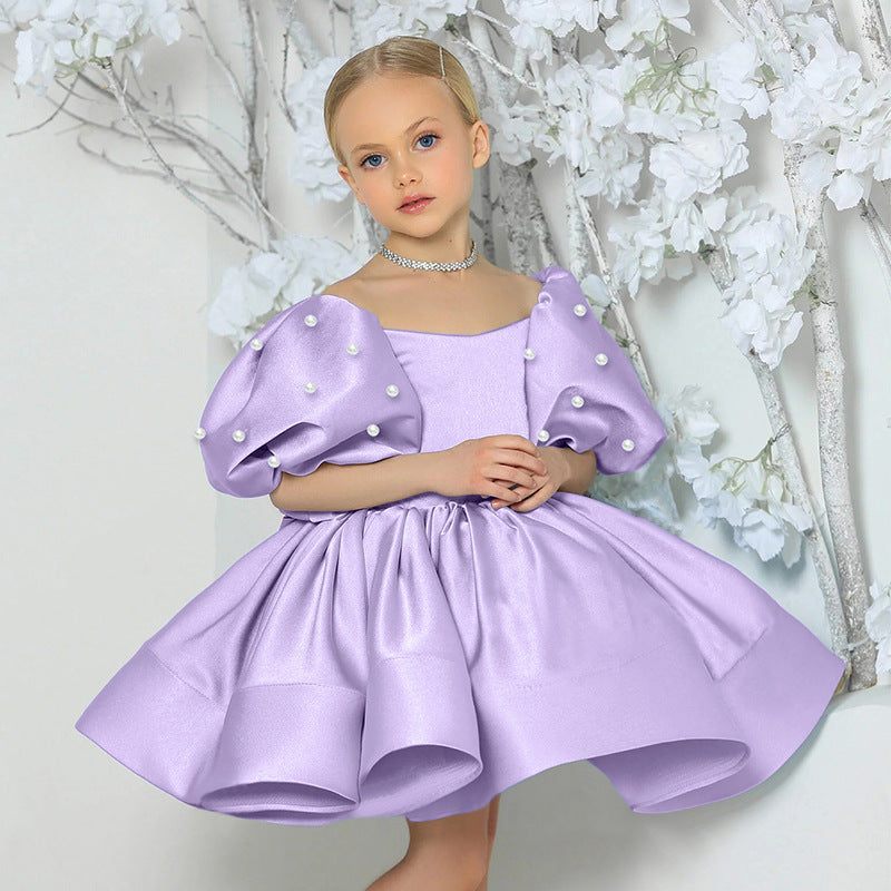 Puff sleeve satin tutu flower girl dress