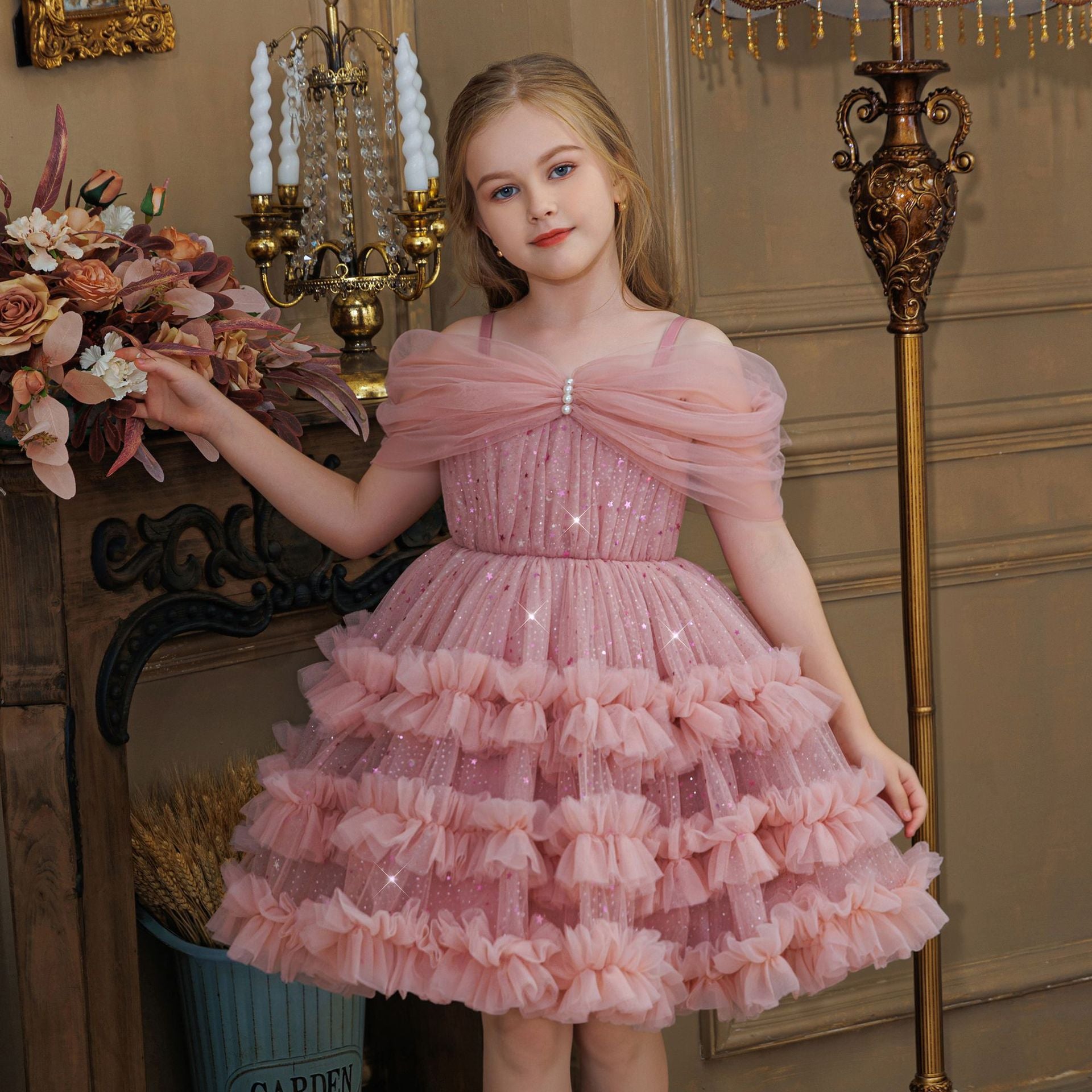 One shoulder ruffle cake girls birthday dress