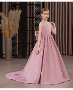 Satin trailing flower girl evening dress with bow