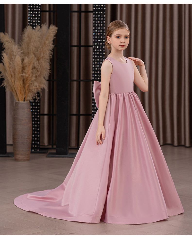 Satin trailing flower girl evening dress with bow