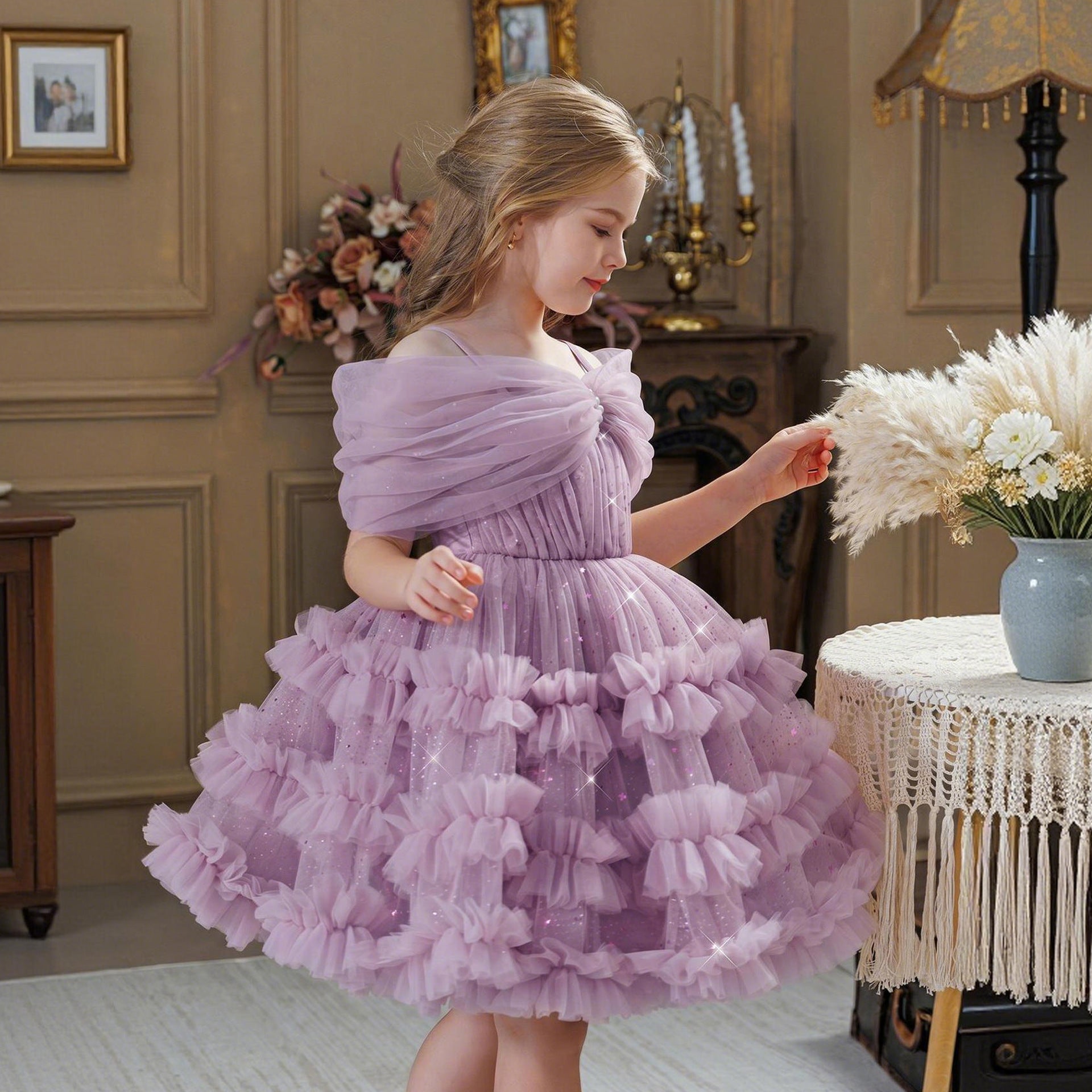 One shoulder ruffle cake girls birthday dress