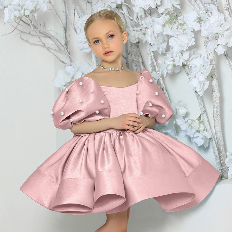 Puff sleeve satin tutu flower girl dress