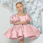 Puff sleeve satin tutu flower girl dress