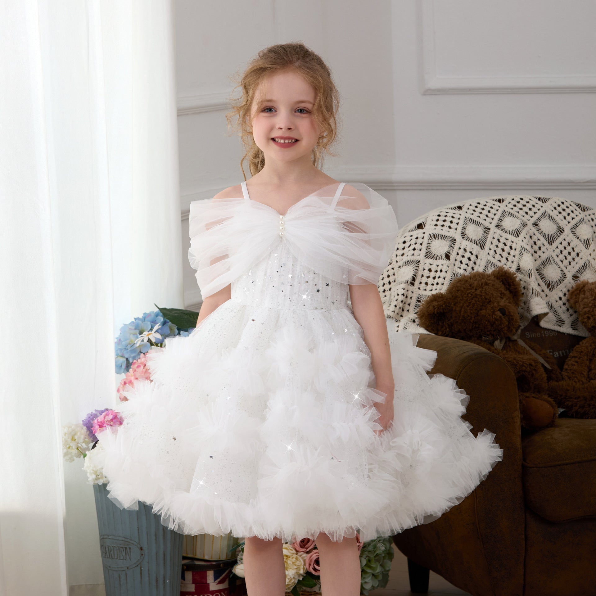 One shoulder ruffle cake girls birthday dress