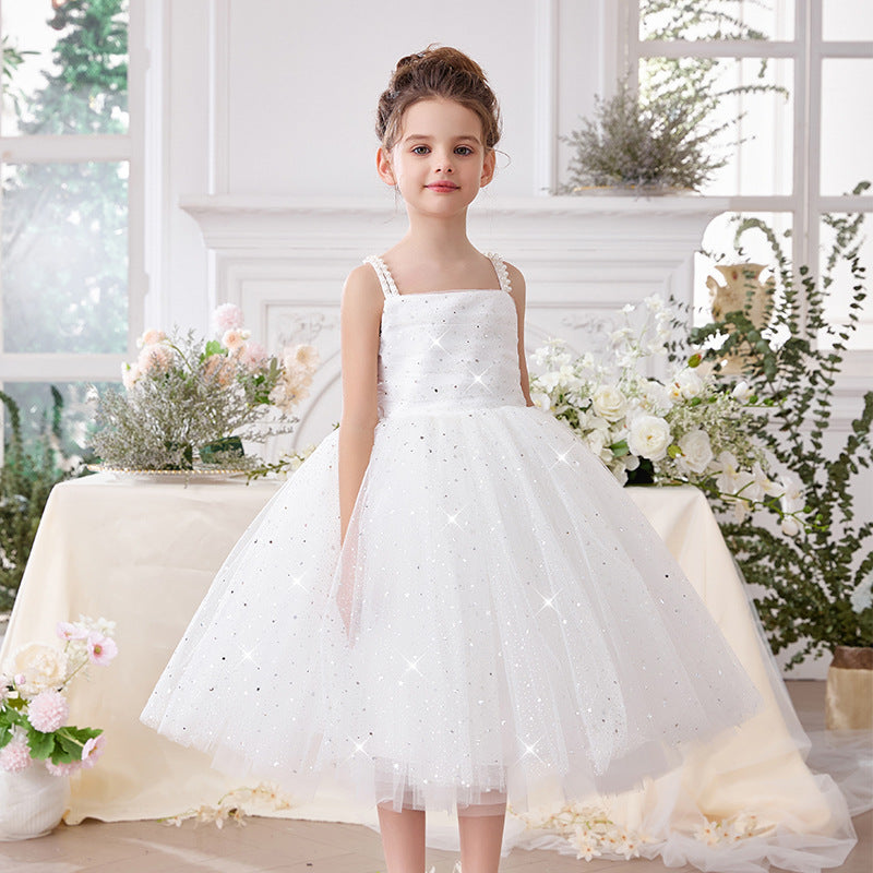 Beaded strap puffy tulle flower girl dress