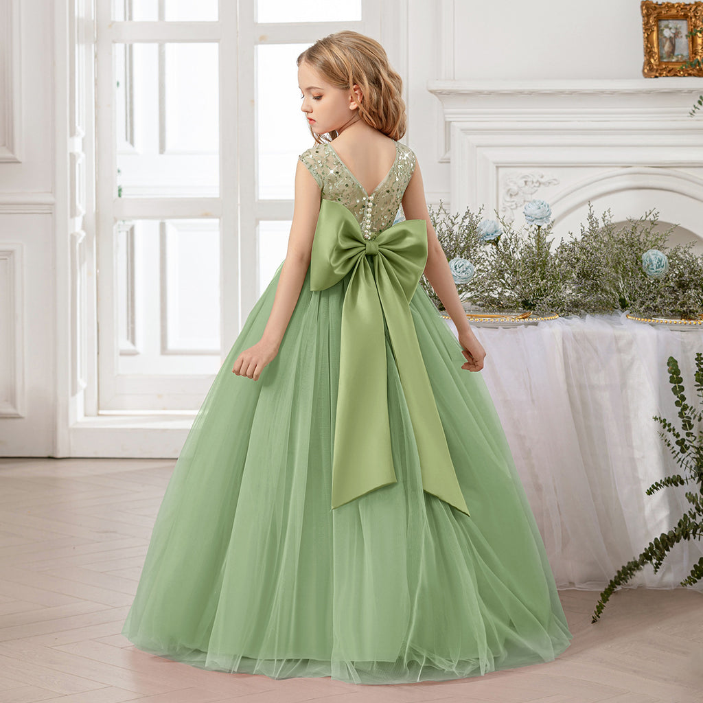 Bow-back satin banquet evening gown for girls