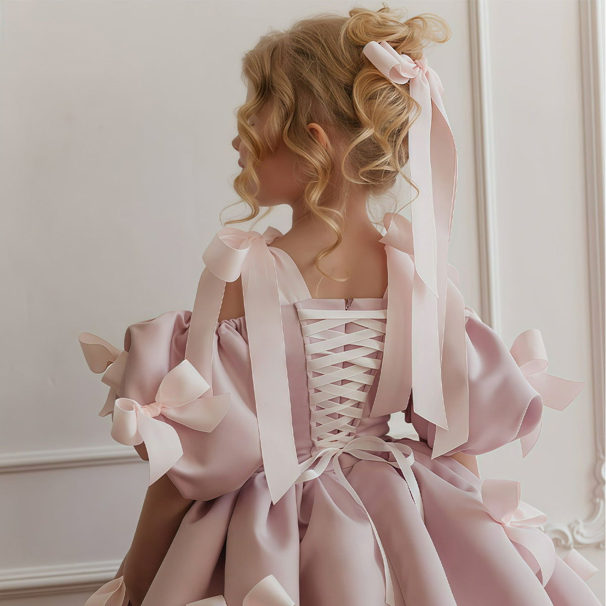 Royal puff sleeve flower girl evening gown