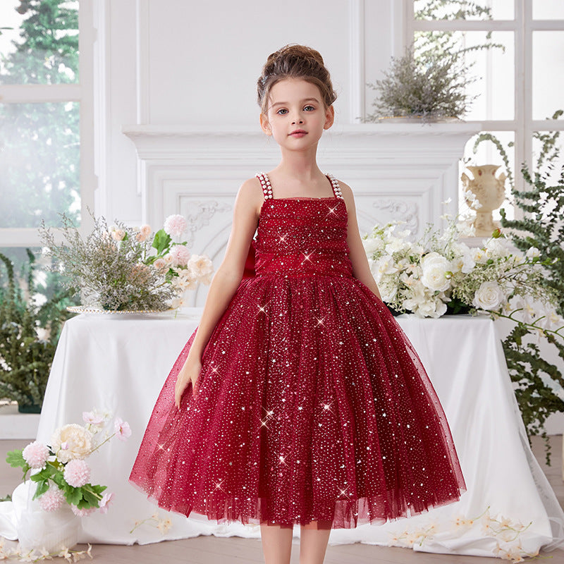 Beaded strap puffy tulle flower girl dress